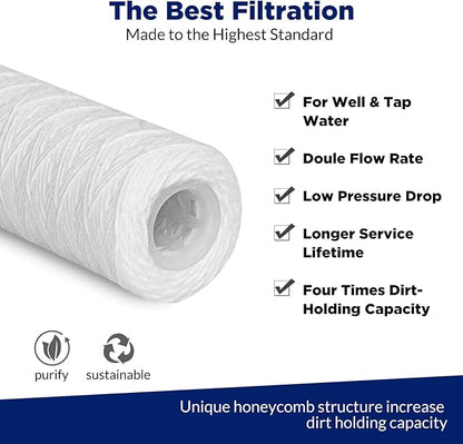 Membrane Solutions 10 Micron 10"x2.5" String Wound Whole House Water Filter Replacement Cartridge Universal Sediment Filters for Well Water - 6 Pack