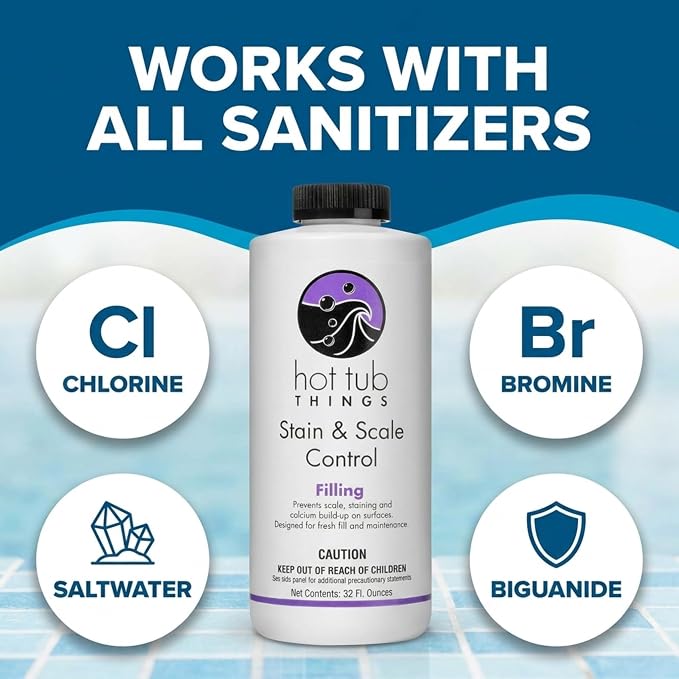 Hot Tub Things Stain & Scale Control, Metal & Mineral Remover for Hot Tubs, Spas & Pools, Prevents Scale Buildup, Protects Plumbing & Heater, Works with All Sanitizers, 32 Ounce