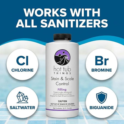 Hot Tub Things Stain & Scale Control, Metal & Mineral Remover for Hot Tubs, Spas & Pools, Prevents Scale Buildup, Protects Plumbing & Heater, Works with All Sanitizers, 32 Ounce