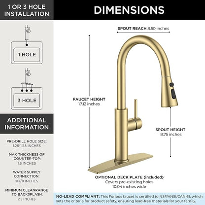 FORIOUS Kitchen Faucet with Pull Down Sprayer, High Arc Single Handle, Gold | Stainless Steel Single Lever Kitchen Sink Faucet 1 or 3 Hole, Suitable for Farmhouse, Camper, Laundry Room, Rv, Outdoor
