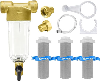 POHIR Spin Down Sediment Filter 40/100/200 Micron, Reusable Water Filter for Whole House Pre-Filtration System, 1" MNPT + 3/4" FNPT + 3/4"MNPT with Sewage Drain Pipe