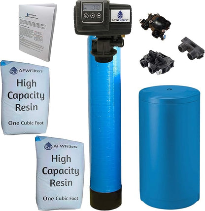Whole House Water Softener System - Fleck 5600sxt Digital Meter Grain - includes bypass valve & brine tank with safety float (64k 1 Inch Bypass, Blue High Capacity Resin)
