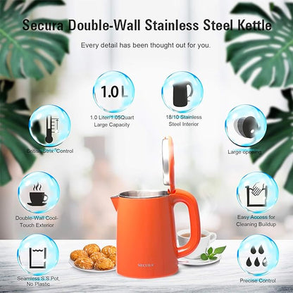 Secura Stainless Steel Double Wall Electric Kettle Water Heater for Tea Coffee w/Auto Shut-Off and Boil-Dry Protection, 1.0L (Orange) SWK-1001DO/HB-K012