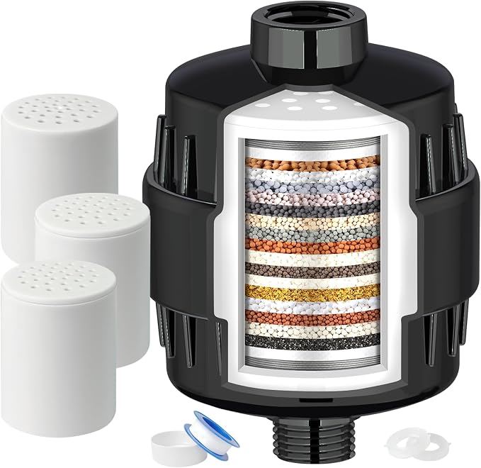 20 Stage Shower Head Filter for Hard Water with 3 Cartridges, Black | High Output ,Remove Chlorine, Fluoride and Other Impurities, Improves Skin Condition, Protects Hair