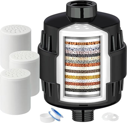 20 Stage Shower Head Filter for Hard Water with 3 Cartridges, Black | High Output ,Remove Chlorine, Fluoride and Other Impurities, Improves Skin Condition, Protects Hair