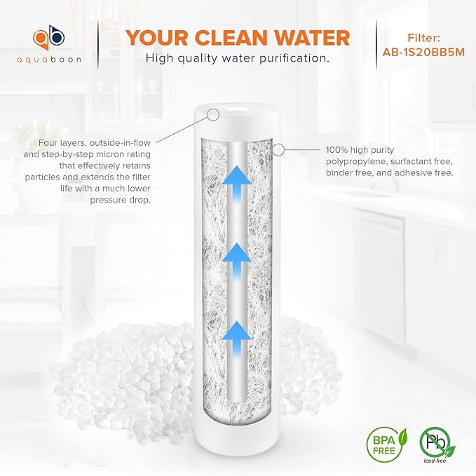 Aquaboon 1 Micron 20 x 4.5 Sediment Water Filter Replacement Cartridge | Whole House Sediment Filtration | Compatible with AP810-2, AP810-6, SDC-45-2005, FPMB5-20, P5-20, FP25B, 155358-43, 10 Pack