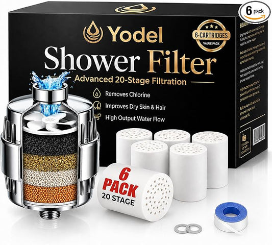 Yodel Shower Water Filter for Hard Water, Shower Water Softener with 6 Replacement Cartridges, Inline Showerhead Filter to Reduces Dry Itchy Skin, Eczema and Improve SKin,Hair,Nails Condition,Chrome