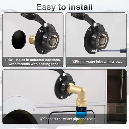 RV City Water Inlet with Check Valve – RV Water Inlet Connection, RV Water Fill Inlet with 3/4" NH Female to 1/2" NPT Male, Ideal for RV, Travel Trailers, Camping, and Boats in Black (with Hose Elbow)