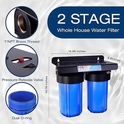 H&G Lifestyles 2-Stage Whole House Water Filtration System 50,000 Gallons | GAC KDF 58 Filter and PP Cotton Filter, Chlorine Odor Heavy Metal Lead Sediment Removal, Drinking Water Purification System