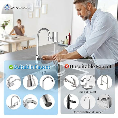 WINGSOL Stainless Steel Water Filter for Sink Faucet, Temp. Sensor LED Light, NSF/ANSI 42&53, 360° Rotating Tap Purifier Reduce PFAS, Lead, Chlorine & Microplastics, 350 Gallons Long-Lasting