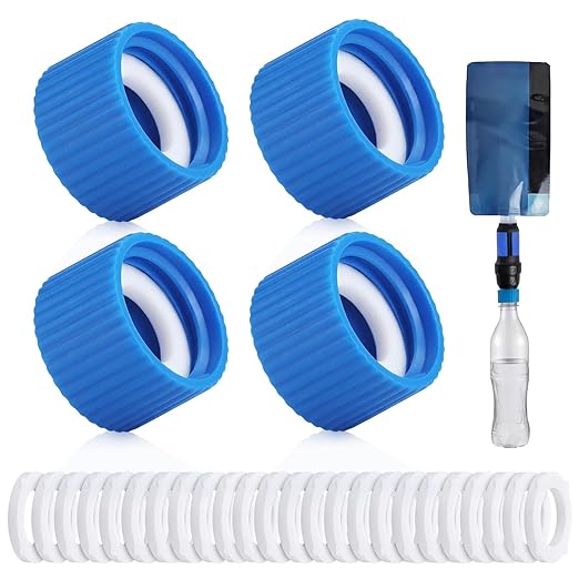 Gerrii 4 Pcs Water Filter Coupling Kit Compatible with SP150, 28 mm Threaded Filtration Couplings for Standard Plastic Bottles, Cleaning Couplers with Gasket Seals for Hiking, Camping (Blue)