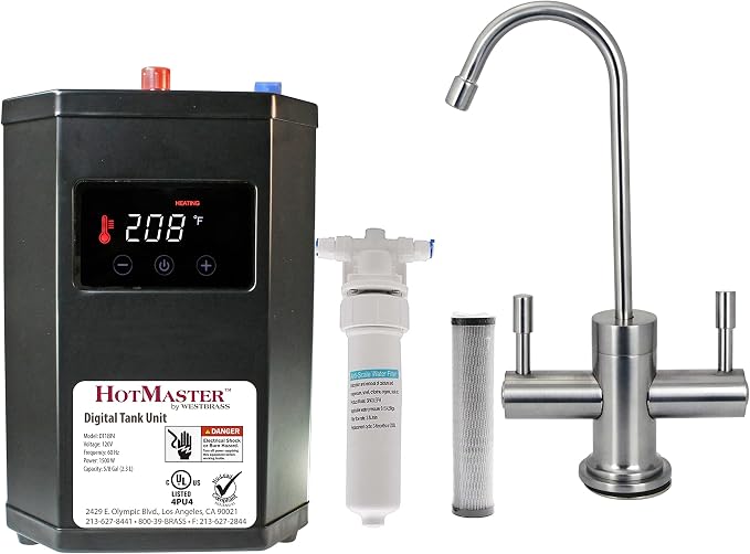 Westbrass DT1F2051-07 Contemporary 10 in. Hot and Cold Faucet with HotMaster DigiHot Digital Tank System Water Dispenser, Satin Nickel