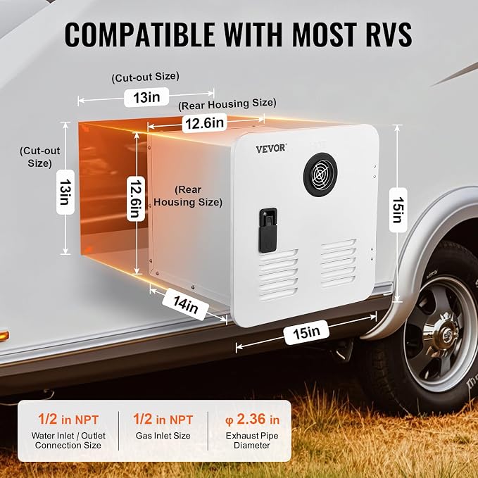 VEVOR RV Tankless Water Heater, 65000 BTU, Instant Shower with 15 x 15 in White Door and Remote Controller, Ideal for RVers' Family Everyday Use
