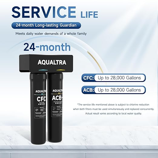 AQUALTRA USF-2B-15 Slightly Alkaline Under Sink Filter System, 28K Gal, Reduce PFOA, PFOS, Chlorine, Lead, Mercury, Chloramine, Fluoride, Microplastics Particles, Bad Taste & Odor