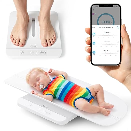YauYik Baby Scale, Smart Accurate Digital Scale with App for Tracking Growth of Baby, Infant, Puppy,and Cat, Pet Scale Up to 330lbs, with Hold Function, 27-inch Height Measurement, 5 Units, LED Screen