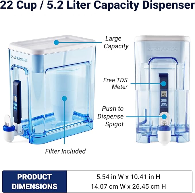 ZeroWater Official Replacement Filter - 5-Stage Water Filter Bundle with 22 Cup Ready-Read 5-Stage Water Filter Dispenser