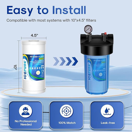 ICEPURE 5 Micron 10" x 4.5" Whole House Sediment Activated Carbon and Anti Scale Water Filter Compatible with GE FXHTC, GXWH40L, Whirlpool WHKF-GD25BB GXWH35F Dupont WFHD13001 RFC-BBSA W50PEHD, 2PACK