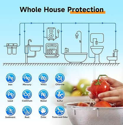 PUREPLUS 2-Stage Whole House Water Filtration System, Reduces Heavy Metals, Chlorine & Odor, 10" x 4.5" Housings, 1" Inlet/Outlet, RFN KDF Carbon & CTO Coconut Shell Filters, Pressure Gauges Included