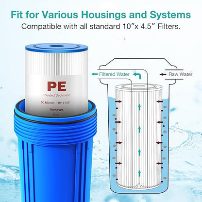 SimPure 10"x4.5" Pleated Sediment Water Filter, 50 Micron Whole House Water Filter Cartridge for Well Water Compatible with FXHSC, ECP20-BB, R50-BBSA, CB1-SED10-BB (4 Pack)