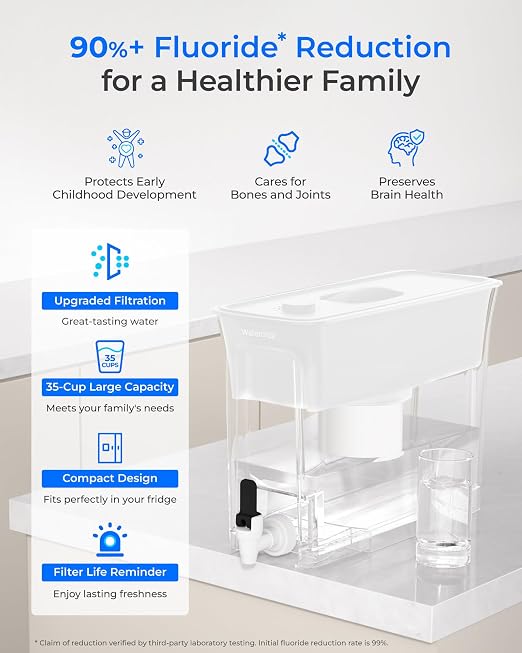 Waterdrop WFD-02W 35-Cup Water Filter Dispenser, Fluoride Reduction, White | Reduces 90%+ Fluoride, 150-Gallon Long-Life, Large Capacity, Reduces Chlorine, PFOA/PFOS and More, BPA Free