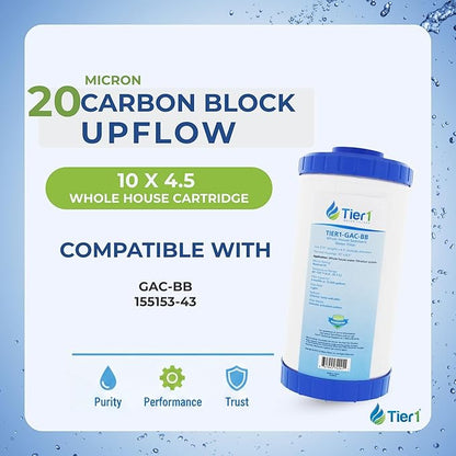 Tier1 20 Micron 10 x 4.5 Water Filter | Carbon Block - Upflow Granular Activated Whole House Cartridge | Replacement for Pentek GAC-BB, 155153-43 | 4.5 x 10 Water Filter