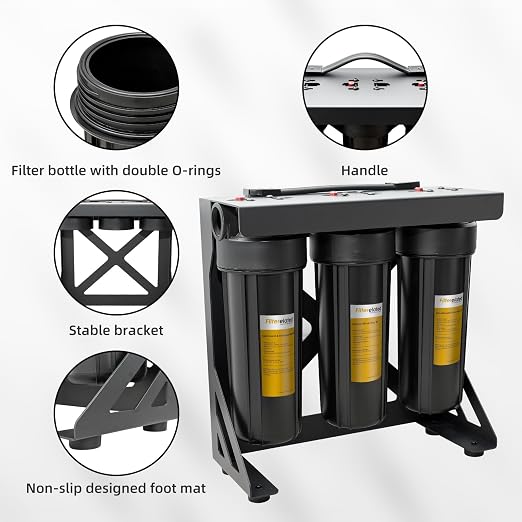 Filterelated Upgraded 3-Stage RV Water Filter w/Bracket, PP+Polyphosphate, Carbon Block & 0.01μm UF, 3/4" Brass Fittings, Reduces Sediment, Chlorine, Metals, Odors – for Camper, Boat, Garden