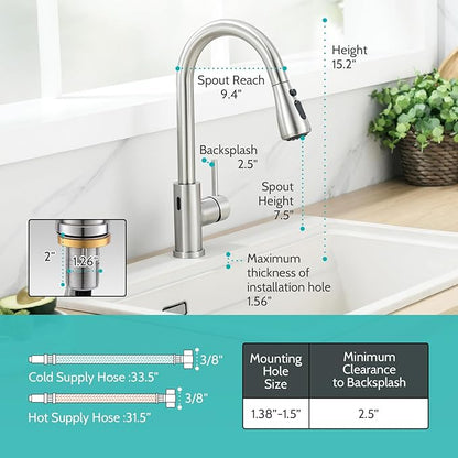 Kicimpro Touchless Kitchen Faucet with Pull Down Sprayer Brushed Nickel, Side Motion Sensor Kitchen Touchless Faucet with Water Line, Two Control Modes Touchless Faucet for Kitchen Sink, Single Handle