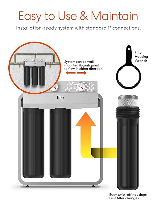 Brio 3-Stage Whole House Filtration System, Anti-Scale, 900 GPH, 4.5" x 20" Sediment, PHO, and CTO Carbon Block Filters Included w/Lifespan of 12 Months