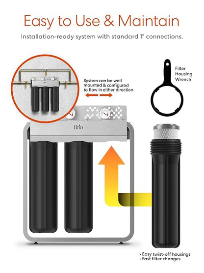 Brio 3-Stage Whole House Filtration System, Anti-Scale, 900 GPH, 4.5" x 20" Sediment, PHO, and CTO Carbon Block Filters Included w/Lifespan of 12 Months