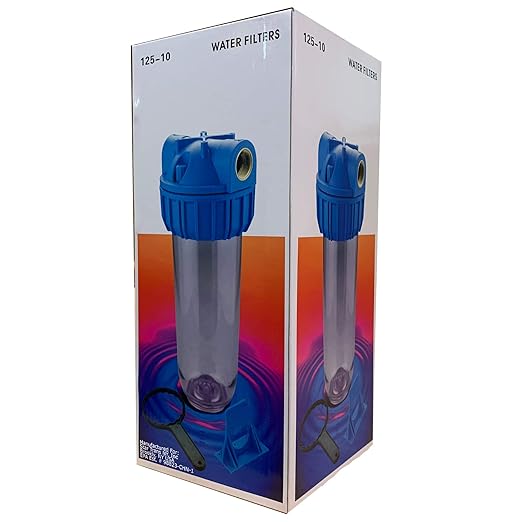 10" Clear Standard Transparent Whole House Water Filter System with Presser Relief Button, 3/4” Inlet/Outlet Brass Port & 5 Micron Pleated Sediment Water Cartridge, Meets NSF Standards & Regulations
