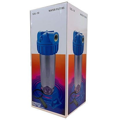 10" Clear Standard Transparent Whole House Water Filter System with Presser Relief Button, 3/4” Inlet/Outlet Brass Port & 5 Micron Pleated Sediment Water Cartridge, Meets NSF Standards & Regulations