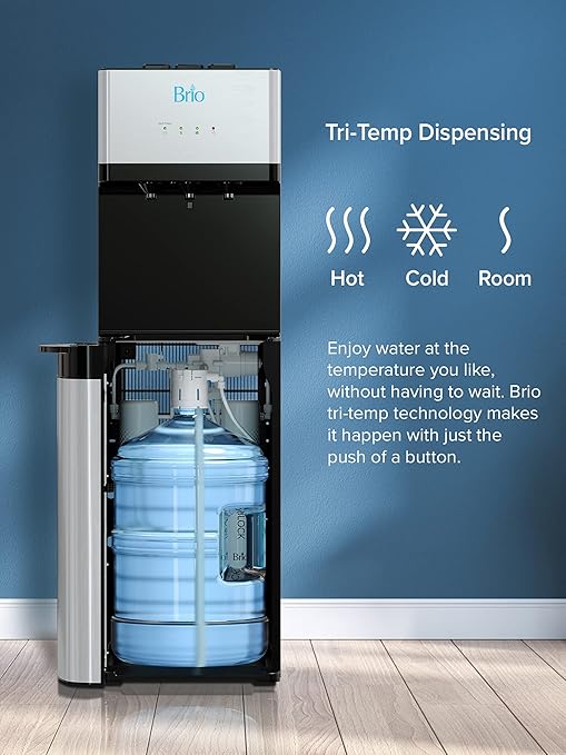Brio 520 Bottom Load Water Cooler Dispenser for 5 Gallon Bottle w/ 2 Stage Filter | Hot Cold & Room Temp Water Options for Home & Office | Removes Chlorine, VOC's, Bad Taste & Chemicals