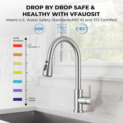 Kitchen Faucet with Pull Down Sprayer, VFAUOSIT Lead-Free Kitchen Sink Faucet Brushed Nickel Stainless Steel High Arc Pull Out Single Hole Kitchen Faucets for Pot Filler, Farmhouse RV Bar Laundry Room