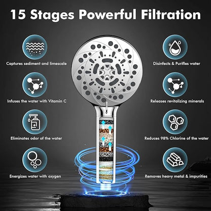 Vatex Filtered Shower Head with Handheld, High Pressure 5 Spray Modes Showerhead with Hose, Bracket and 15 Stages Water Softener Filters Beads for Hard Water Remove Chlorine and Harmful Substance