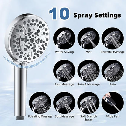 All Metal Rain Shower Head, 10” High Pressure Rainfall Shower Head with Handheld, 5" Large Handheld Showerhead Powerful Cleaning 10-Spray, 16" Shower Extension Arm Adjustable Height/Angle, Chrome