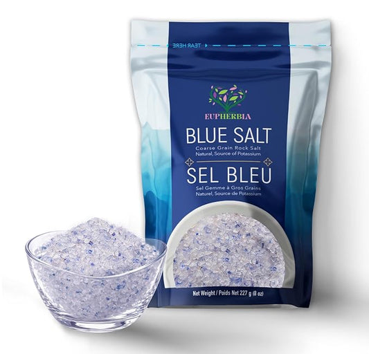 EUPHERBIA Blue Salt, Coarse, Rare Mineral Salt, High Potassium, Lower Sodium, Natural, Unprocessed, Hand Harvested, Kosher Certified (227g Coarse Refill)