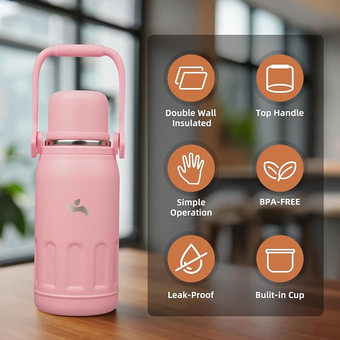 Konokyo Insulated Water Bottle with Handle and Strap,Vacuum Travel Tumbler with Cup Lid,Thermo Coffee Cup for Hot Cold Drinks 27 OZ,Pink