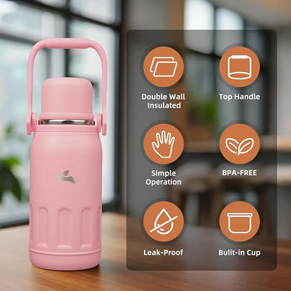 Konokyo Insulated Water Bottle with Handle and Strap,Vacuum Travel Tumbler with Cup Lid,Thermo Coffee Cup for Hot Cold Drinks 27 OZ,Pink