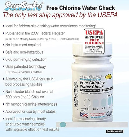 Industrial Test Systems SenSafe 481026 Free Chlorine Test Strip | USEPA Approved Method D99-003 | 0-6ppm | 0.05ppm Detection | No Bleach-Out | Bottle of 50 | Drinking Water, Food Service, Restaurant