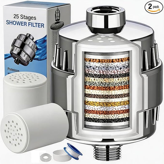 25-Stage Shower Filter for Hard Water with Extra Replacement Cartridge | Help Reduce Chlorine, Odors & Other Impurities for Softer-Feeling Skin & Hair, High Output Shower Water Filter, Universal Fit