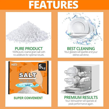 dishwasher salt 5kg powerful crystal, limescale remover on your glassware and water softener, life & improving its performance, 99% purity (5 pack)