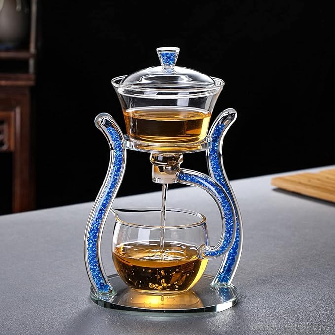 RORA Glass Teapot Set Semi Automatic Drip Rotating with Infuser Lazy Kungfu Tea pot Set (Blue)