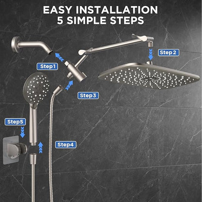 Veken 11.8" Rain Shower Head with Handheld, High Pressure Handheld Shower with Multi Spray Modes, Rainfall Combo with Metal Extension Arm, Detachable Dual Showerhead, Bathroom Decor, Starlight