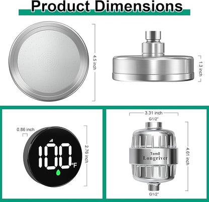 Tem8 Luxury Filtered Shower Head Set with Wireless Temperature Display, Dual Filtration Showerhead Filter, High Put Shower Filter for Hard Water with 3 Replaceable Tem8 Cartridges, Chrome