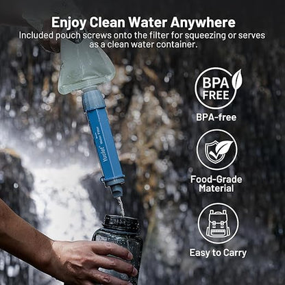 Yuclet Squeeze Water Filtration System with Four 34-Oz Squeezable Pouches and 0.1 Micron Filter Straw, Portable Water Purifier Survival for Backpacking, Camping, Hiking and Emergency Preparedness