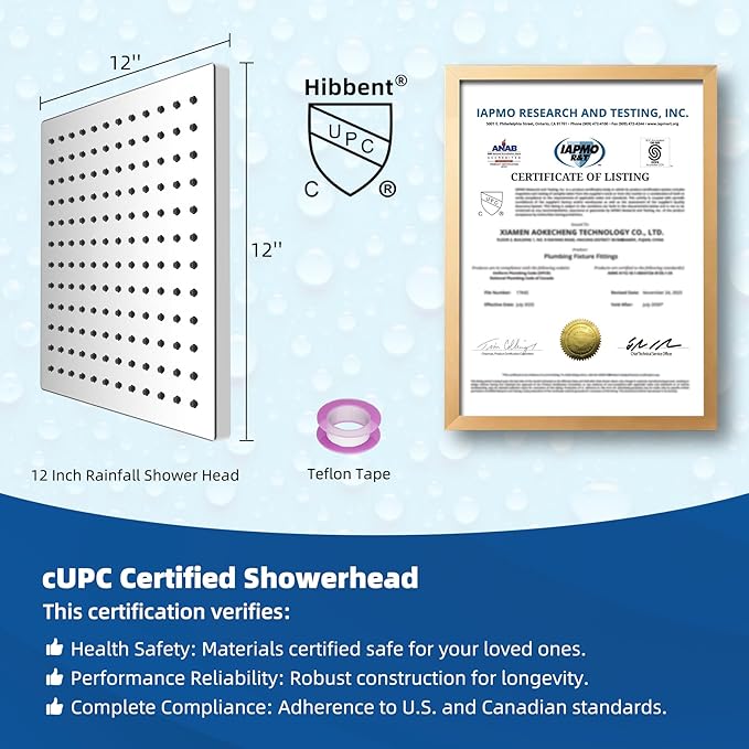 Hibbent cUCPC Certified Thickness Metal Shower Head, 12'' High Pressure Shower Heads, Square Large Bathroom Rainfall Shower Head with Adjustable Brass Ball Joint, Waterfall Full Body Coverage, Chrome