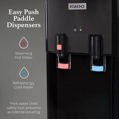 Igloo Top Loading Water Cooler with Removable Tray & Energy-Saving Features - Water Tower with Hot, Cold Temperature Settings- Water Dispenser Fits 3 & 5-Gallon Jugs with Child Safety Lock- Stainless