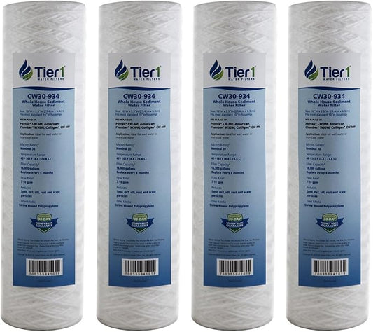 Tier1 30 Micron 10 x 2.5 Water Filter | String Wound Polypropylene Whole House Sediment Water Filter Cartridge | Replacement for Pentek CW-MF, 155187-43, W30W, RS3DS | 2.5 x 10 Water Filter (4-Pack)