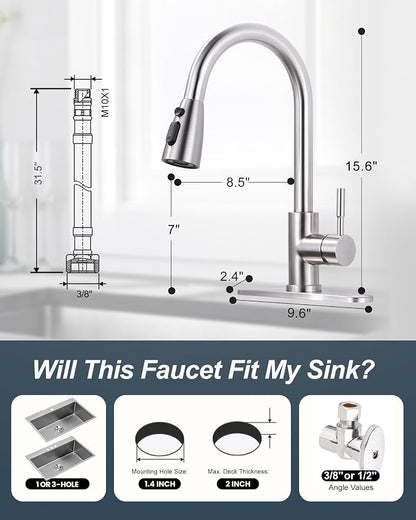 Touchless Kitchen Faucet Stainless Steel: WOWOW Smart Motion Sensor Kitchen Sink Faucet with Sprayer, Stainless Steel Kitchen Faucet for Sink 1 or 3 Hole Brushed Nickel Single Handle Kitchen Tap