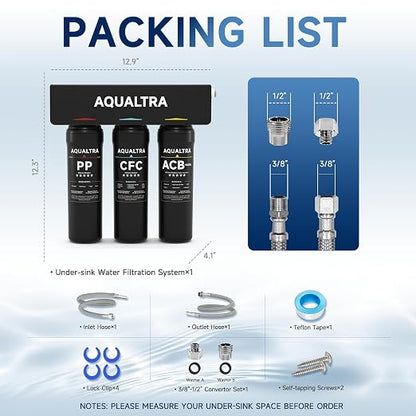 AQUALTRA USF-3B-10 Slightly Alkaline Under Sink Filter System, 8K-32K Gal, Reduce PFOA, PFOS, Chlorine, Lead, Mercury, Chloramine, Fluoride, Microplastics Particles, Bad Taste & Odor